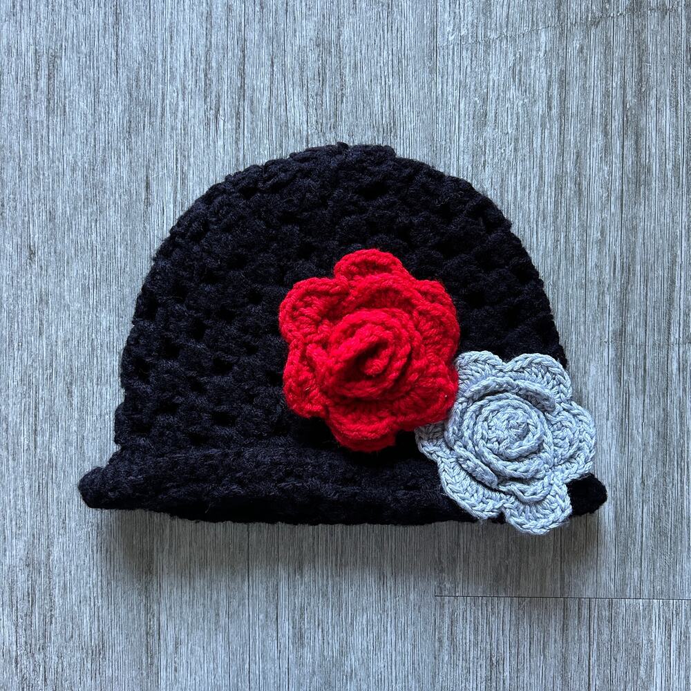 Handmade Black Crochet Open Knit Winter Hat with Removable Red/Gray Flower Pins
